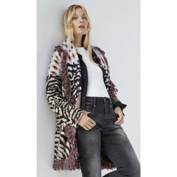 ANTHROPOLOGIE COAT SWEATER FRINGED PENNY LANE ANIMAL PRINT Sz S BOHO AESTHETIC - Picture 5 of 16